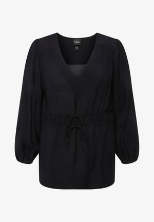 Zwarte blouse met een V-hals, elastische tailleband en lange, wijdvallende mouwen. Gemaakt van een lichtgewicht stof met een licht gestructureerd oppervlak.