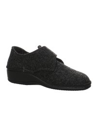 Gray felt slippers with a low black rubber sole, featuring Velcro closure and a rounded toe design. Smooth texture and simple profile.