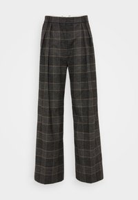 Pantaloni evazați cu un model tartan închis, având pliseuri adânci, confecționați dintr-un material texturat cu nuanțe de negru și maro.