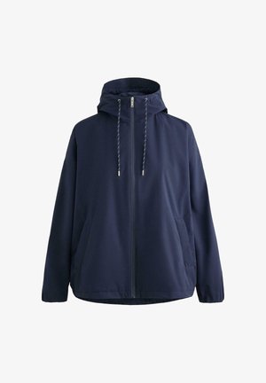 Jachetă cu glugă, bleumarin, confecționată dintr-un material neted, prevăzută cu fermoar frontal integral, șnur ajustabil și două buzunare laterale.