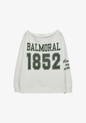 Bela bombažna oversize dukserica z zelenim napisom. Na sprednji strani je izpostavljeno "BALMORAL 1852" in "Wee'd more active" na rokavu.