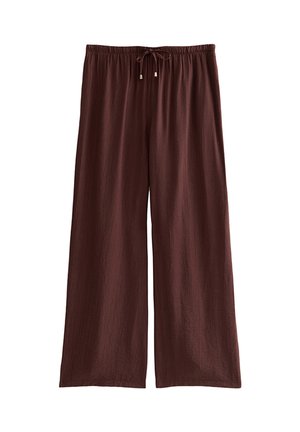 Bruine wijde broek met elastische tailleband en trekkoord, gemaakt van lichtgewicht gestructureerde stof.