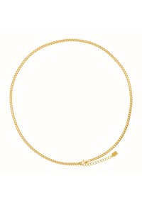 Collier en chaîne dorée avec un design à maillons carrés, texture lisse et fermoir en forme de homard. Dispose d'une chaîne réglable avec une petite étiquette.