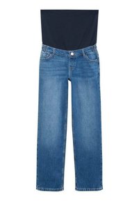 Jeans de mezclilla azul de talle medio con corte recto. Cuenta con cierre de botón, presillas para cinturón y bolsillos frontales. Textura suave, con un desvanecimiento mínimo.