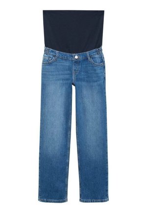 Blauwe denim jeans met een rechte snit en een middelhoge taille. Voorzien van een knoopsluiting, riemlussen en steekzakken. Gladde textuur, minimale vervaging.