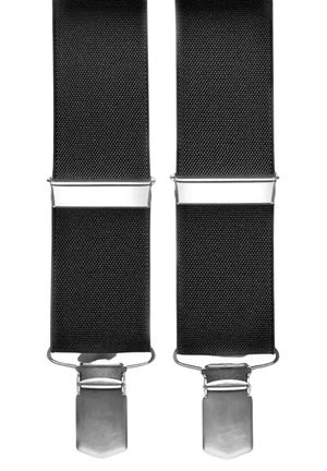 Sorte stof sele med teksturerede stropper, der har to metalclips i bunden til fastgørelse. Enkelt design, holdbart materiale.