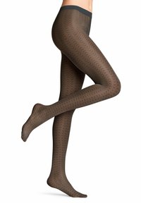 Collant neri con un motivo a onde, realizzati in materiale trasparente. La vita è di un nero solido e la texture è liscia con una leggera lucentezza.