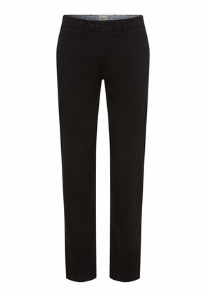 Schwarze, gerade geschnittene Hose mit Knopf- und Reißverschluss, Gürtelschlaufen und floralem Innenbund-Detail.