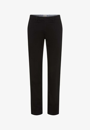 Schwarze, gerade geschnittene Hose mit Knopf- und Reißverschluss, Gürtelschlaufen und floralem Innenbund-Detail.