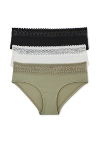 Trois paires de sous-vêtements féminins en noir, blanc et vert olive avec une bordure en dentelle à la taille ; tissu lisse, style hipster.
