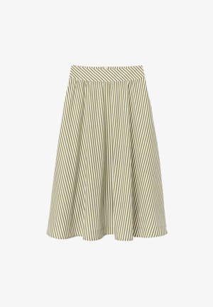 Jupe trapèze rayée beige et vert olive avec une large ceinture et des plis créant une silhouette évasée.
