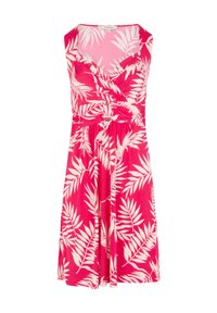 Roze mouwloze jurk met een wit bladerenpatroon, met een geknoopte detail op de taille en een uitlopende rok. Gemaakt van lichtgewicht stof.