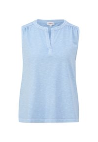 Débardeur bleu clair avec encolure en V, texture douce et fronces délicates aux épaules. Confectionné dans un matériau léger et respirant.