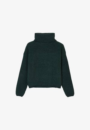 Dunkelgrüner, grob gestrickter Rollkragenpullover mit langen Ärmeln und Rippstruktur, flach auf einem weißen Hintergrund ausgestellt.