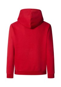 Rode hoodie met een trekkoordhoed, lange mouwen en geribde manchetten. Glad stoftextuur, eenvoudig ontwerp, effen kleur zonder patronen of accenten.