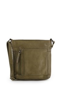 Leder-Crossbody-Tasche in olivgrün. Verfügt über eine zippered Fronttasche, einen verstellbaren Riemen, eine glatte Textur und ein einfaches rechteckiges Design.