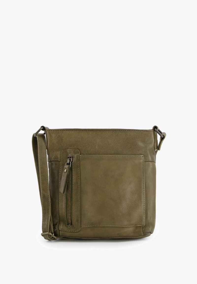 Skórzana torba na ramię w oliwkowym zielonym kolorze. Posiada zapinaną na zamek przednią kieszeń, regulowany pasek, gładką teksturę oraz prosty prostokątny kształt.