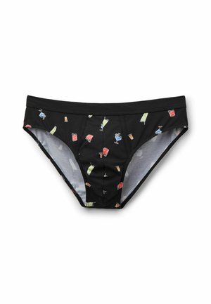 Bikini de algodón negro con un patrón colorido de cócteles y bebidas. Incluye una cinturilla elástica suave y un interior forrado.