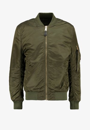 Olive green bomber jacket, polyester material, zip front closure, ribbed cuffs and hem, side pockets, and a pocket with zip on the sleeve.