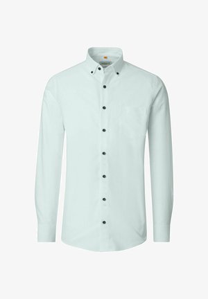 Wit overhemd met lange mouwen, zwarte knopen en een boord met knopen, voorzien van een borstzakje.