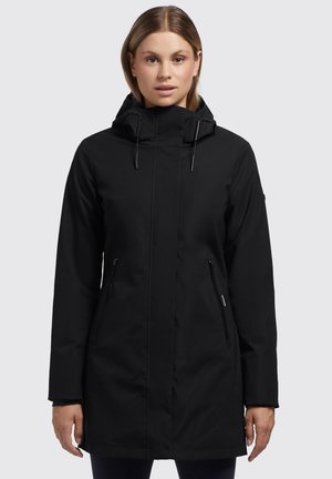 Black waterproof jacket featuring a hood, front zip, and two zippered side pockets. Smooth texture and mid-length design.