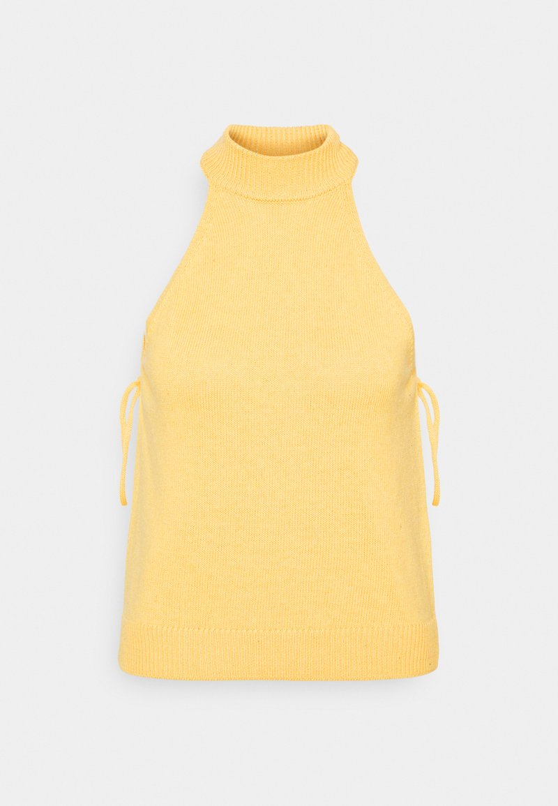 Haut sans manches jaune avec un col montant, texture côtelée et liens sur les côtés. Présente un ourlet droit et une silhouette ajustée.