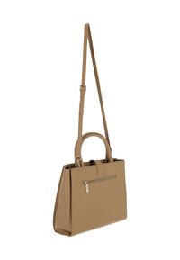 Tanfarbige Handtasche aus Kunstleder mit zwei Griffen, abnehmbarem Schulterriemen, Reißverschlusstasche vorne und rechteckiger, strukturierter Form.