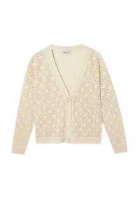 Spetsstickad cardigan i krämfärg, med V-hals, långa ärmar och knäppning med fem knappar fram. Strukturerat mönster hela vägen.