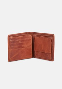 Brown leather wallet with a bi-fold design, featuring multiple card slots and a small inner pocket, showcasing a smooth texture and grain.