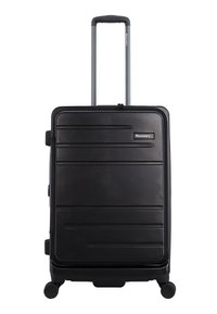 Schwarzer Hartschalenkoffer mit horizontalen Rillen, ausziehbarem Griff, Tragegriffen oben und an der Seite sowie vier Rädern für Mobilität.