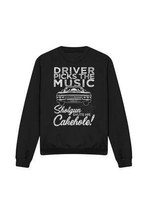 Black sweatshirt with white vintage car graphic and text reading "Driver picks the music, shotgun shuts his cakehole."