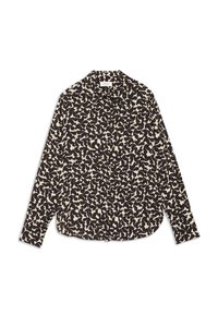 Langsleeve shirt met een zwart en crèmekleurig abstract patroon, voorzien van een klassieke kraag en knoopsluiting. Gemaakt van lichtgewicht stof.