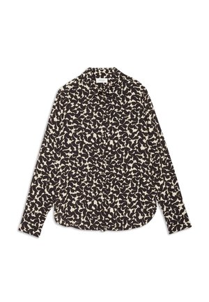 Langsleeve shirt met een zwart en crèmekleurig abstract patroon, voorzien van een klassieke kraag en knoopsluiting. Gemaakt van lichtgewicht stof.