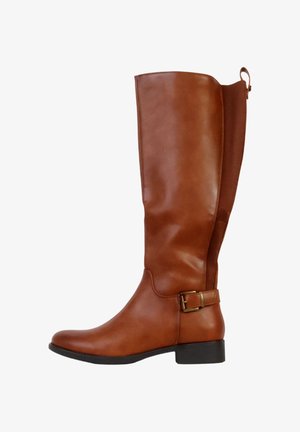 Stivale marrone in pelle fino al ginocchio con una finitura liscia, dettaglio con fibbia laterale e pannello in tessuto elastico sul retro per maggiore flessibilità.