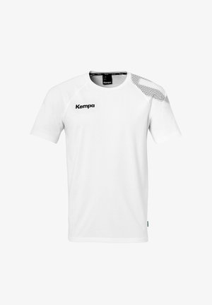 Weißes kurzärmeliges Sport-T-Shirt mit schwarzem "Kempa"-Logo auf der linken Brust und schwarzem Musterdetail auf der rechten Schulter.