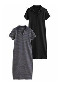 Zwei Polo-Kleider: eines einfarbig schwarz, das andere navyblau mit horizontalen weißen und bunten Streifen. Weiche Materialien, kurze Ärmel und Kragen-Design.