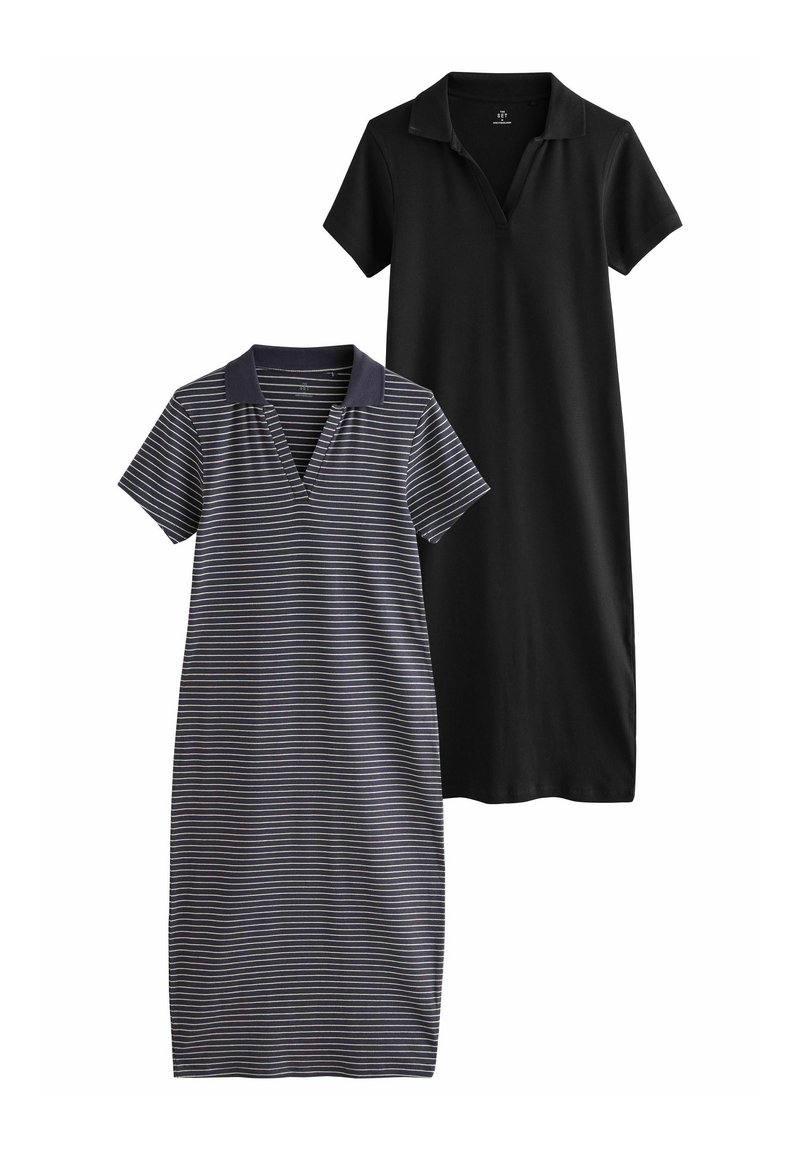 Zwei Polo-Kleider: eines einfarbig schwarz, das andere navyblau mit horizontalen weißen und bunten Streifen. Weiche Materialien, kurze Ärmel und Kragen-Design.
