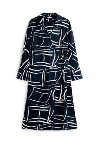 Φορεμα τύπου wrap σε σκούρο μπλε ναυτικό χρώμα με υφή άσπρου αφηρημένου μοτίβου, μακριά μανίκια, γιακά και δέσιμο στη μέση με στρογγυλή χρυσή λεπτομέρεια.