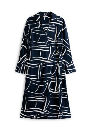 Marineblauwe wikkeljurk met een witte abstracte textuur, lange mouwen, een kraag en een ceintuur in de taille met een ronde gouden accent.