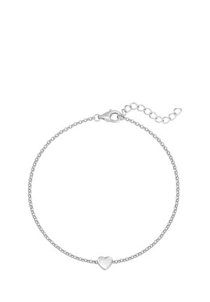 Silver bracelet with a delicate chain and a small heart charm. Features a lobster clasp and adjustable links for size variation.