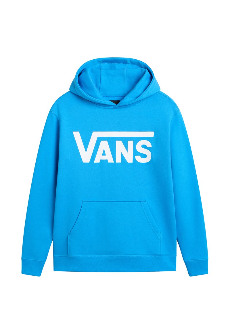 Felpa blu realizzata in tessuto morbido, con un grande logo bianco "VANS" sulla parte anteriore e una tasca a marsupio. Cappuccio con cordino incluso.