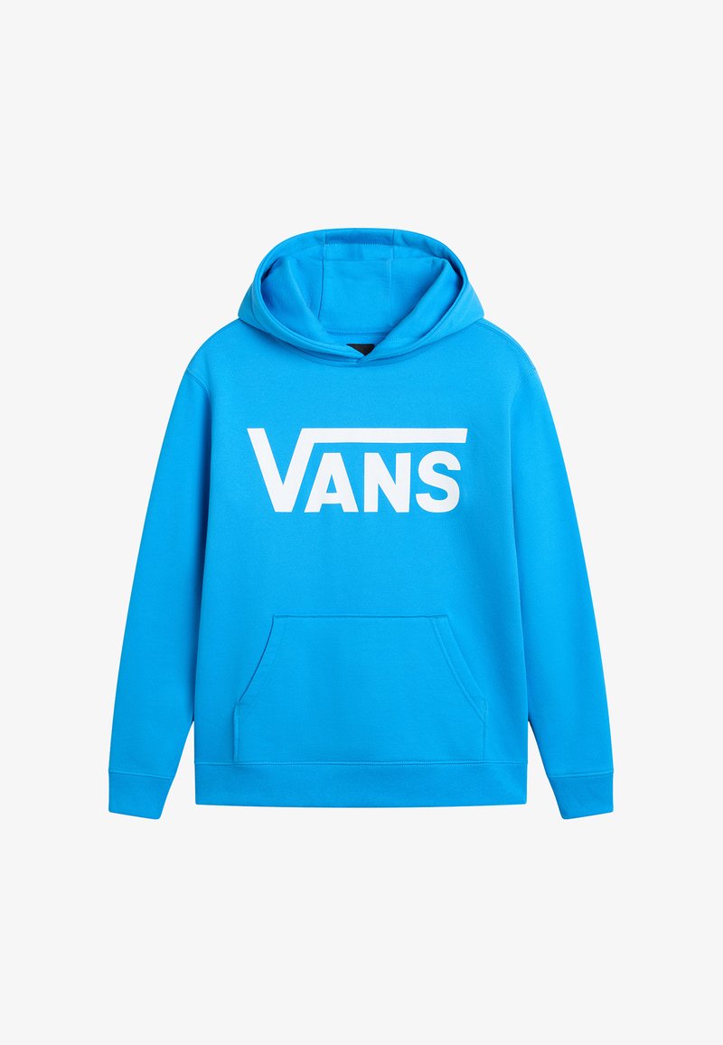 Modrá mikina s kapucí vyrobená z měkké látky, s velkým bílým logem "VANS" na přední straně a klokaní kapsou. Součástí je také stahovací kapuce.