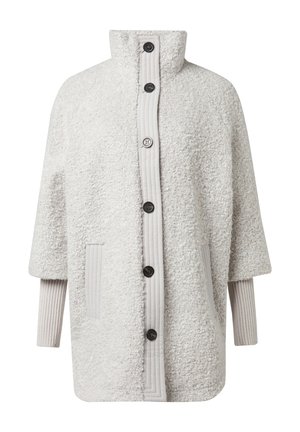 Grey textured jacket with a high collar, front buttons, and ribbed sleeves. Features plush material and side pockets.