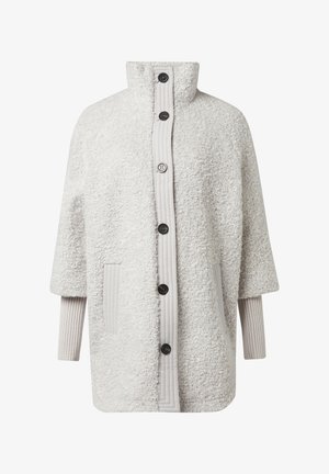 Grey textured jacket with a high collar, front buttons, and ribbed sleeves. Features plush material and side pockets.