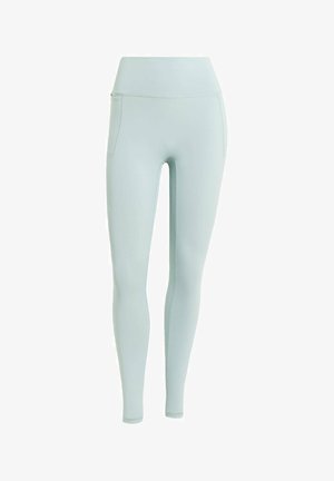 Hellblaue sportliche Leggings mit hohem Bund, seitlicher Tasche, glatter Textur und figurbetontem Design, geeignet für Workouts oder den Alltag.