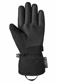 Schwarze Handschuhe aus Leder und synthetischem Material, mit einem Fünf-Finger-Design, elastischem Bündchen und einer Schlaufe zum Aufhängen. Wasserdichtes Material.