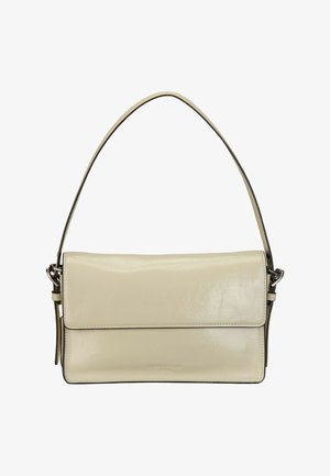 Borsa a tracolla rettangolare in pelle beige con chiusura a patta e una sola tracolla sottile, design minimalista con dettagli di cuciture sottili.