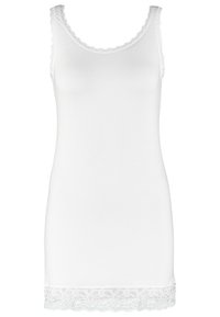 Biały top na ramiączkach z okrągłym dekoltem, koronkowym wykończeniem na ramiączkach i dole oraz gładką, miękką teksturą materiału.