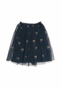 Falda de tul azul marino con patrones de lazo dorado, cinturilla elástica y diseño en capas para mayor volumen y textura.