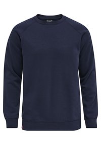 Marineblauwe sweatshirt met raglanmouwen, gemaakt van zachte stof. Heeft een ronde halslijn, geribde manchetten en een klein logolabel aan de zoom.